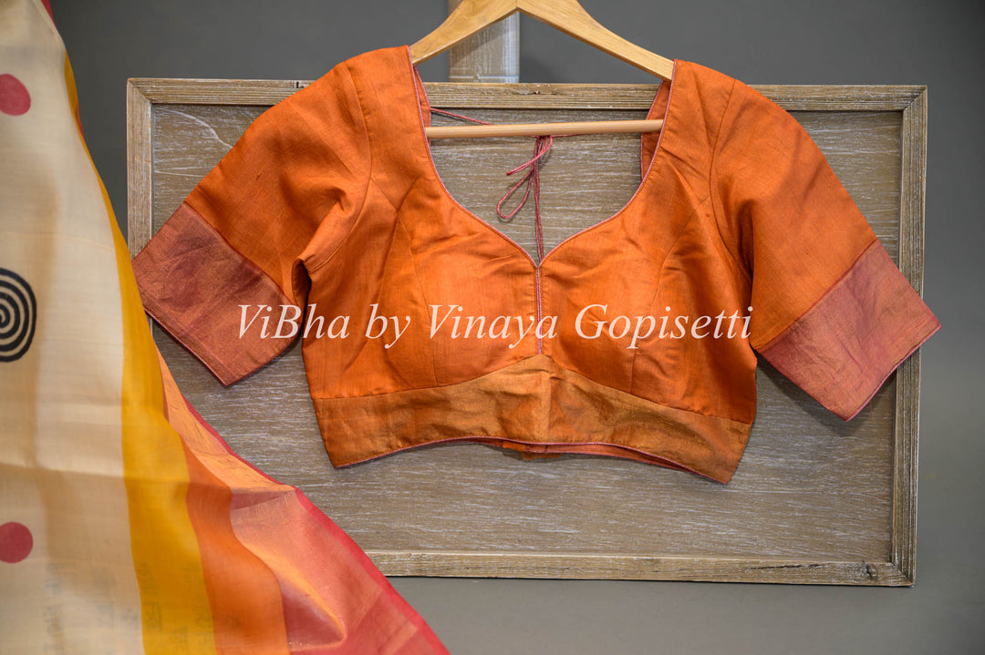 Beige and Orange Tussar Silk Saree and Blouse With Script Print