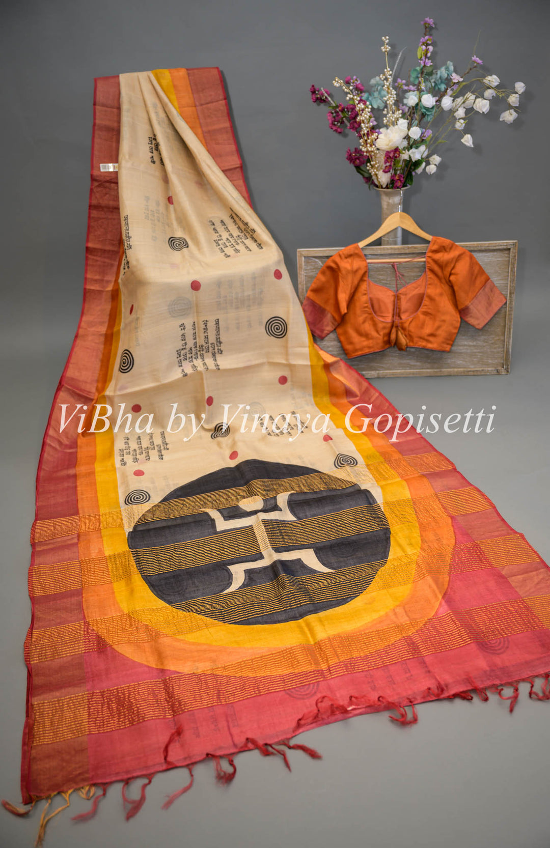 Beige and Orange Tussar Silk Saree and Blouse With Script Print