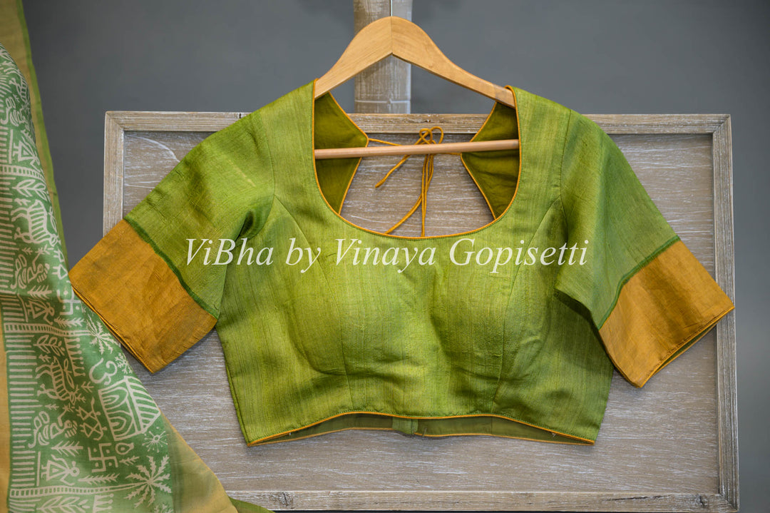 Mustard Yellow and Green Tussar Block Print Saree and Blouse