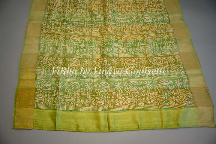 Mustard Yellow and Green Tussar Block Print Saree and Blouse