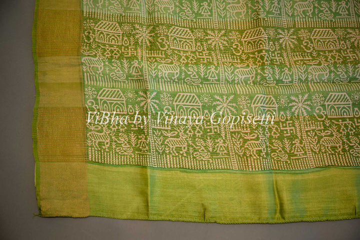 Mustard Yellow and Green Tussar Block Print Saree and Blouse