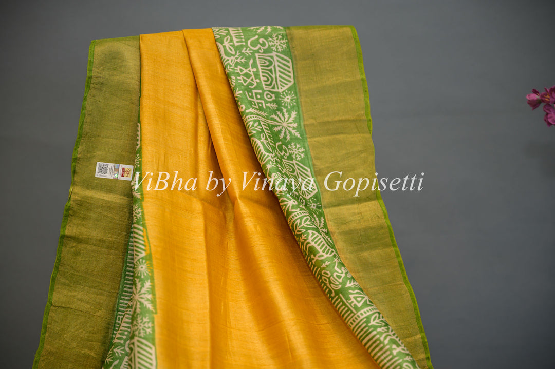 Mustard Yellow and Green Tussar Block Print Saree and Blouse