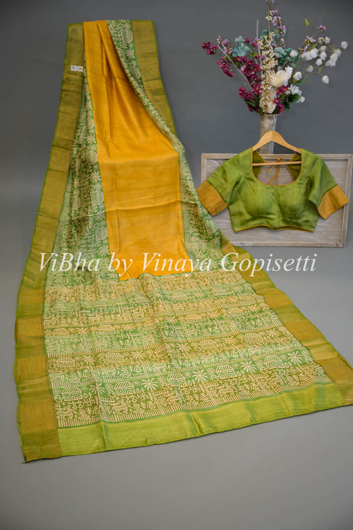 Mustard Yellow and Green Tussar Block Print Saree and Blouse