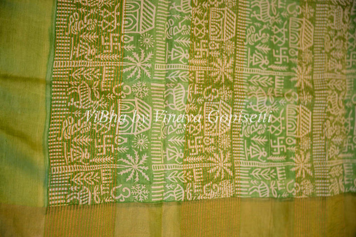 Mustard Yellow and Green Tussar Block Print Saree and Blouse