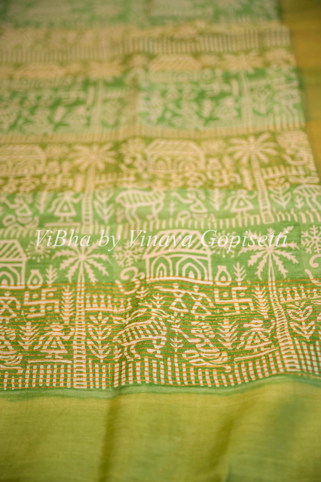 Mustard Yellow and Green Tussar Block Print Saree and Blouse