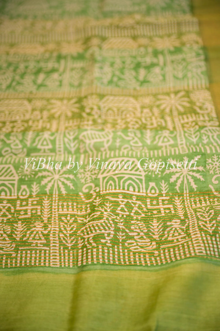 Mustard Yellow and Green Tussar Block Print Saree and Blouse