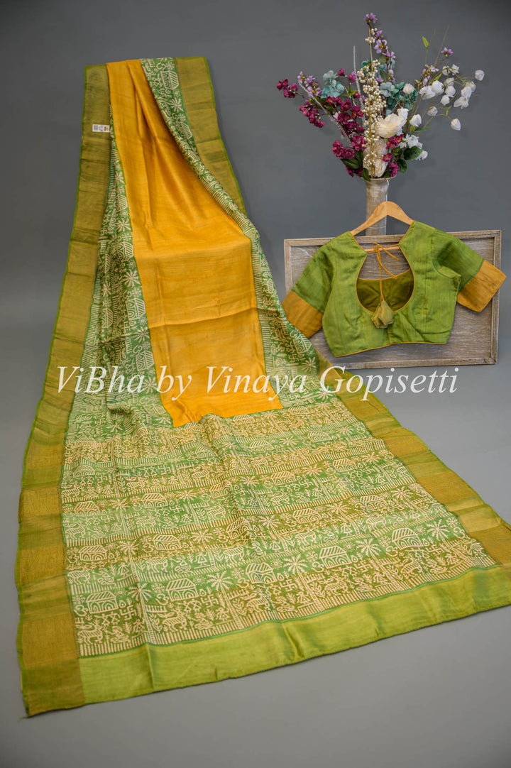 Mustard Yellow and Green Tussar Block Print Saree and Blouse