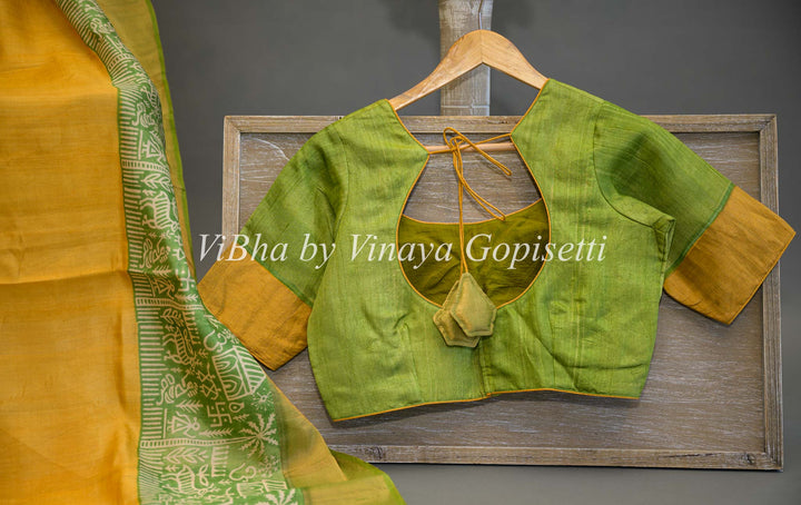 Mustard Yellow and Green Tussar Block Print Saree and Blouse