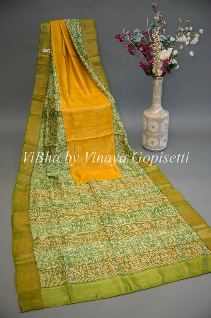 Mustard Yellow and Green Tussar Block Print Saree and Blouse