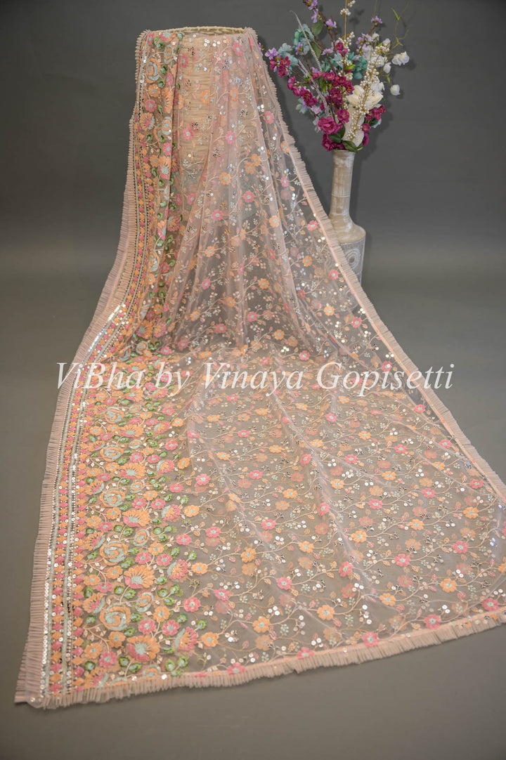 Pastel Peach Net Floral Embroidered Saree And Blouse