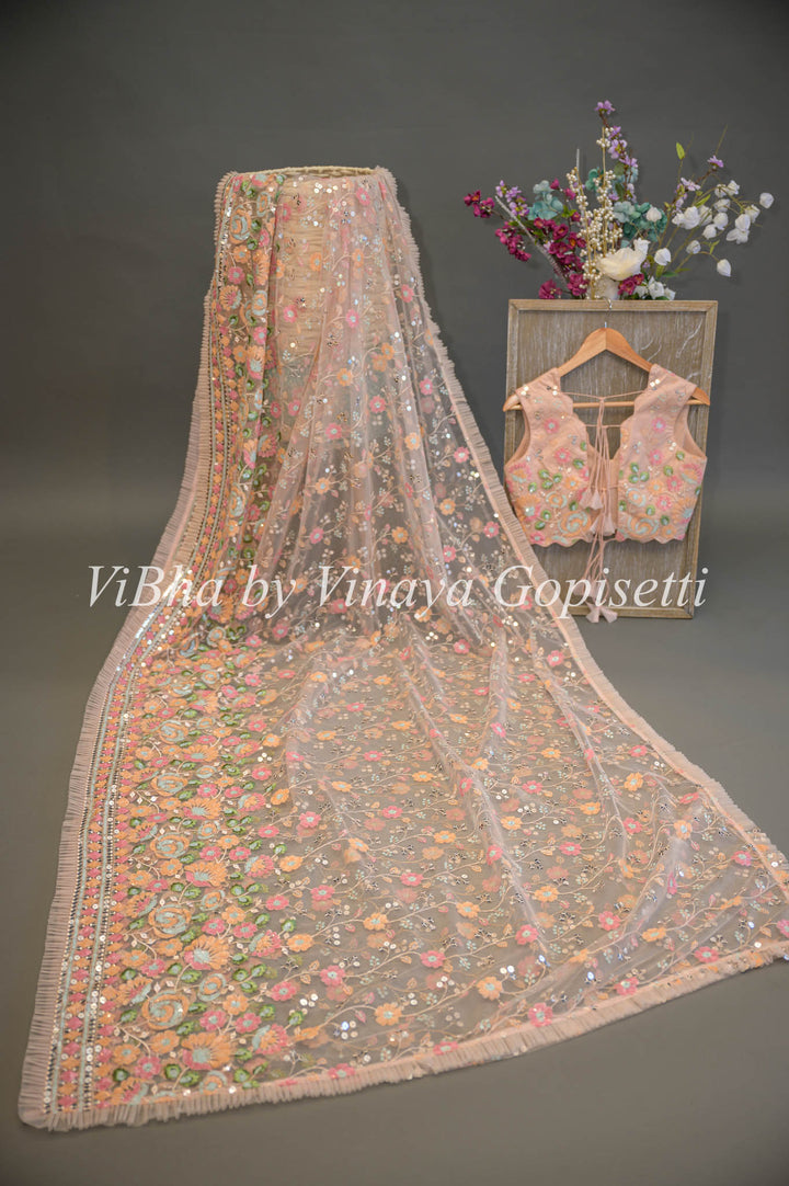 Pastel Peach Net Floral Embroidered Saree And Blouse