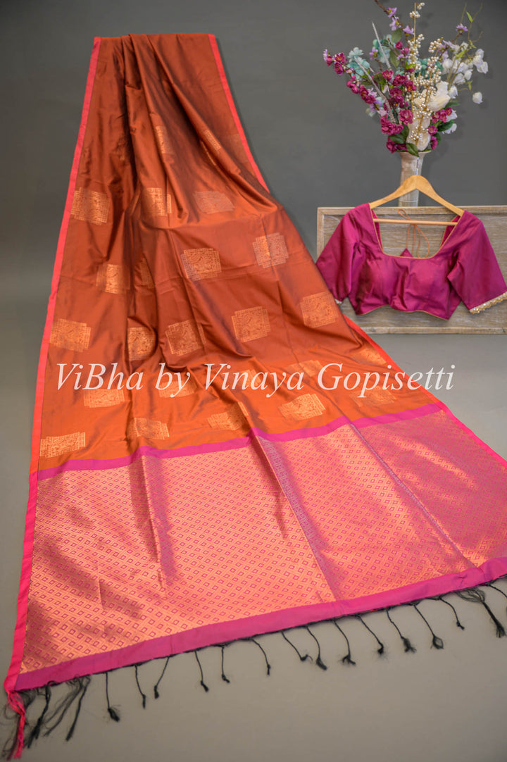 Dark Rust and Magenta Kanchi Soft Silk Saree and Blouse