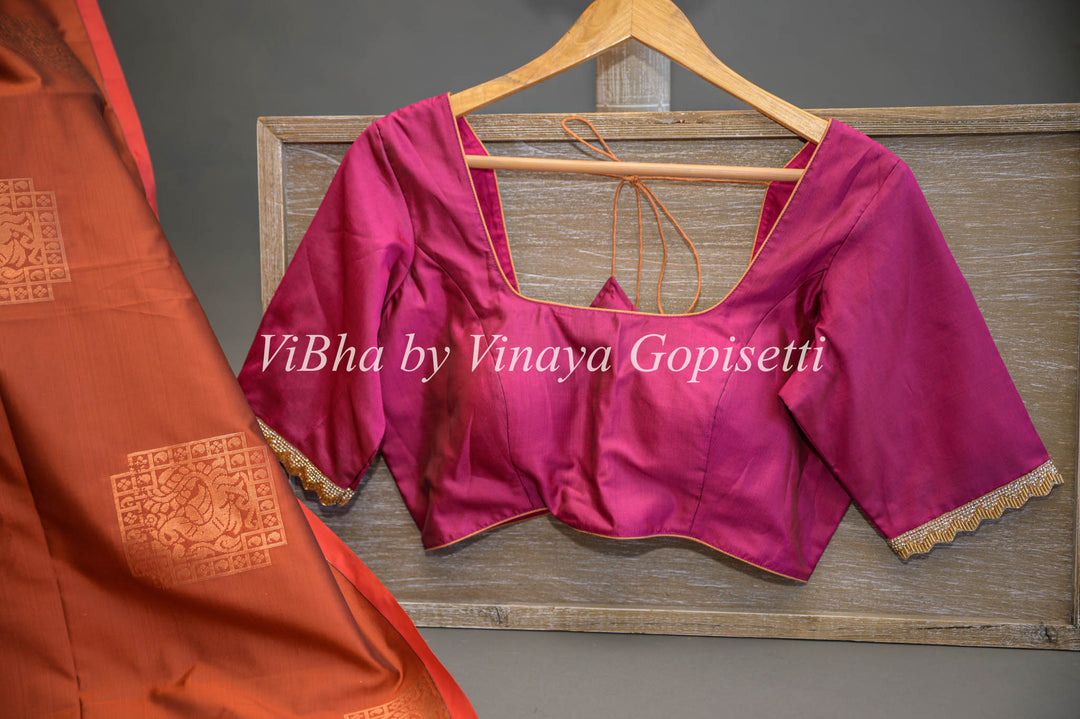 Dark Rust and Magenta Kanchi Soft Silk Saree and Blouse