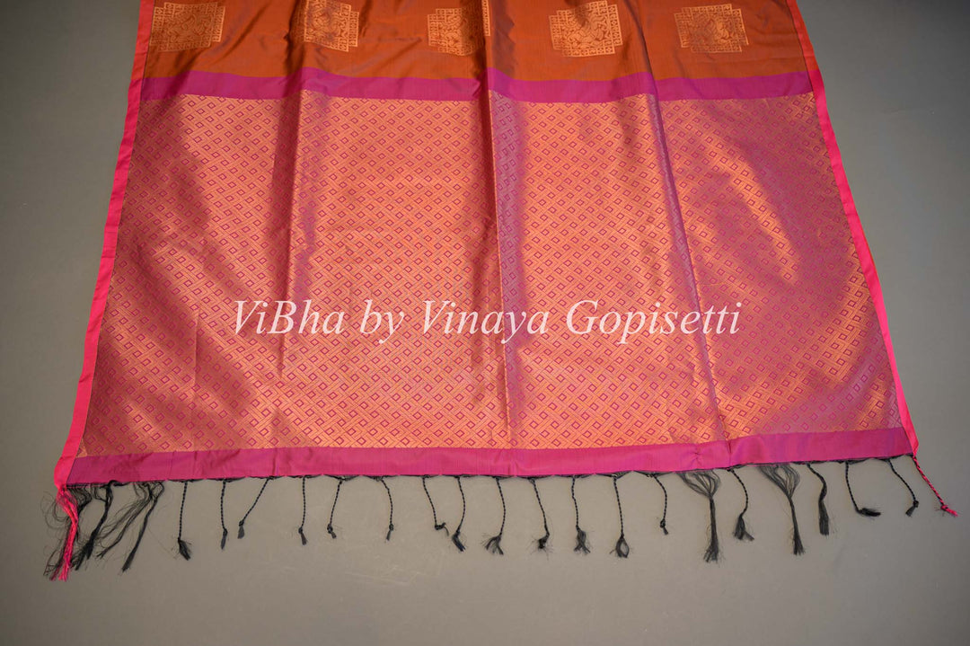 Dark Rust and Magenta Kanchi Soft Silk Saree and Blouse