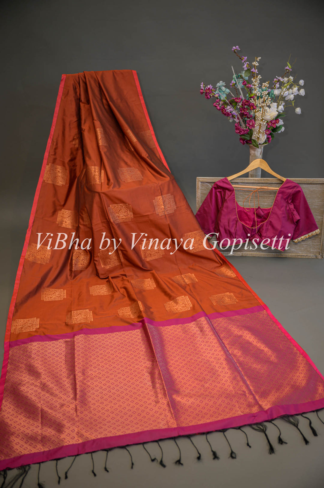 Dark Rust and Magenta Kanchi Soft Silk Saree and Blouse