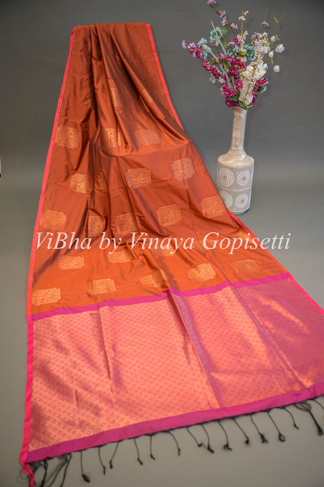 Dark Rust and Magenta Kanchi Soft Silk Saree and Blouse