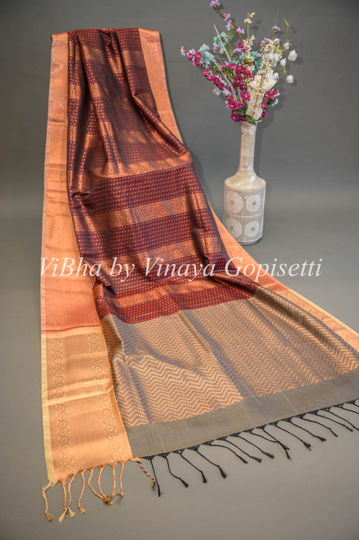 Dark Brown and Grey Copper Zari Kanchi Soft Silk Saree and Blouse