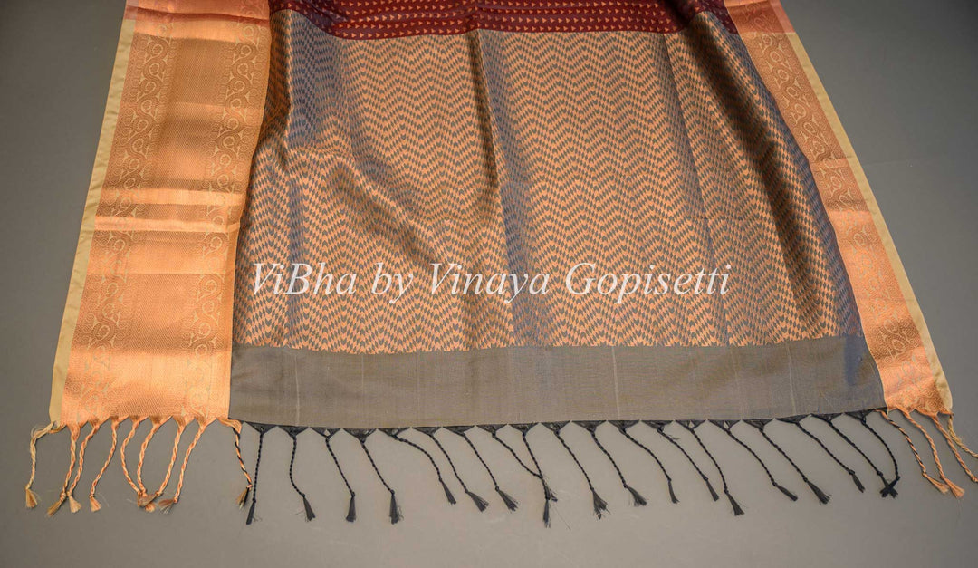 Dark Brown and Grey Copper Zari Kanchi Soft Silk Saree and Blouse