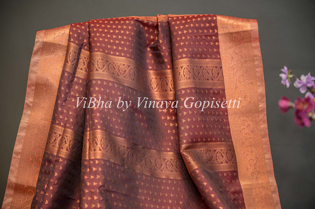 Dark Brown and Grey Copper Zari Kanchi Soft Silk Saree and Blouse