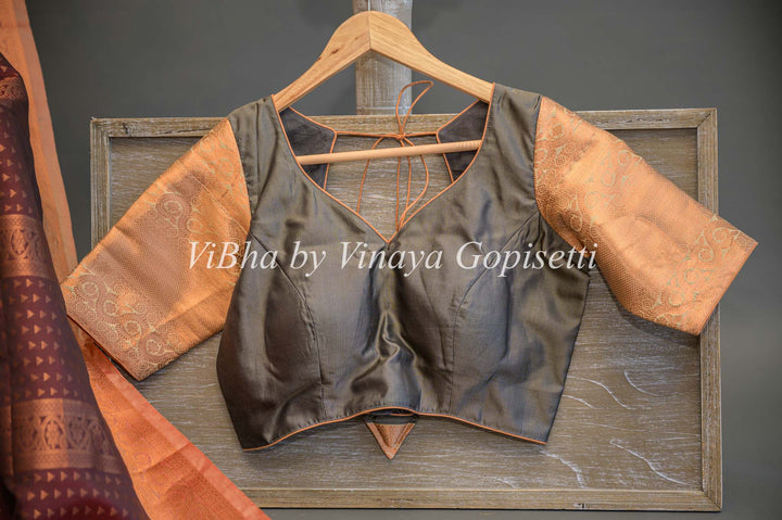 Dark Brown and Grey Copper Zari Kanchi Soft Silk Saree and Blouse