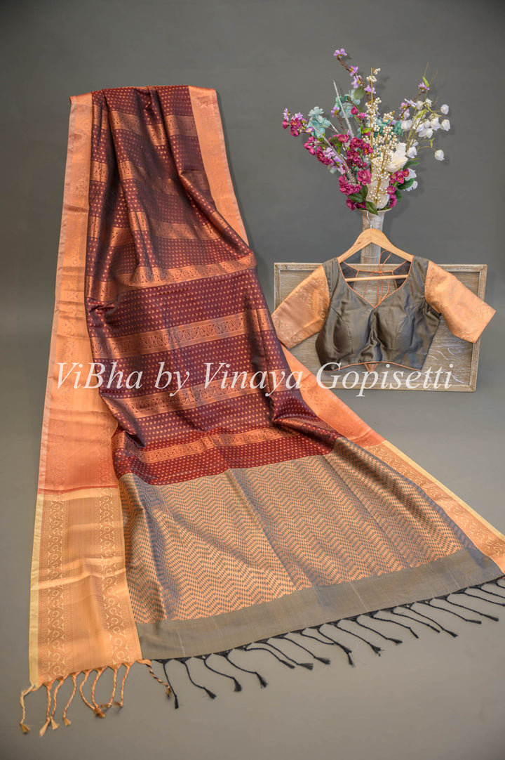 Dark Brown and Grey Copper Zari Kanchi Soft Silk Saree and Blouse