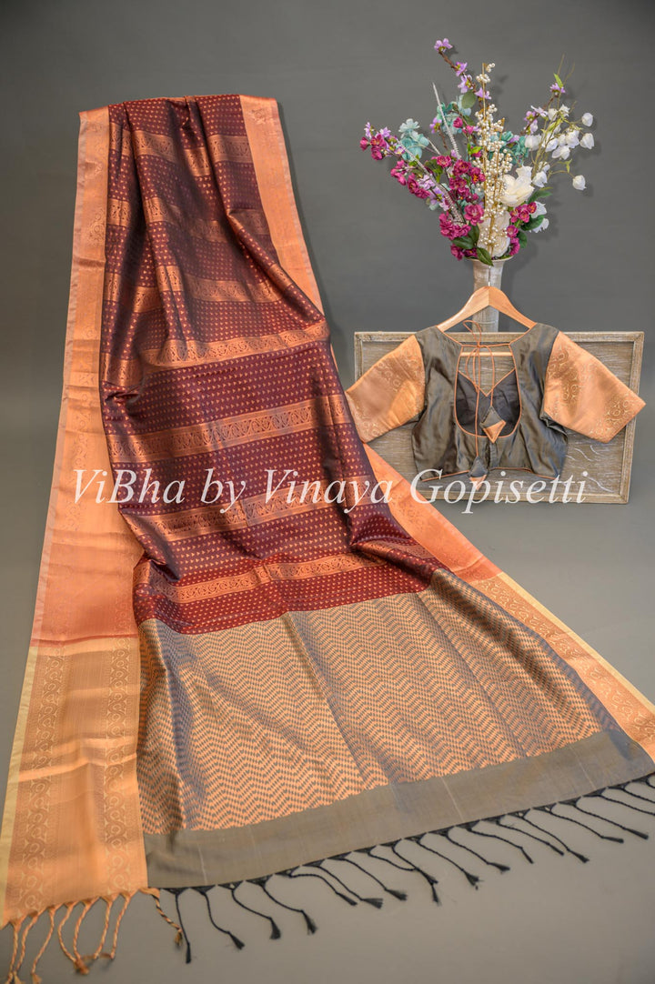 Dark Brown and Grey Copper Zari Kanchi Soft Silk Saree and Blouse