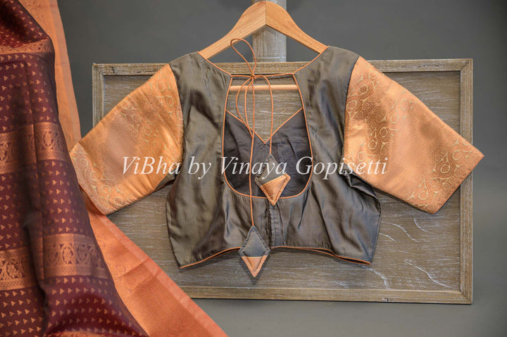 Dark Brown and Grey Copper Zari Kanchi Soft Silk Saree and Blouse