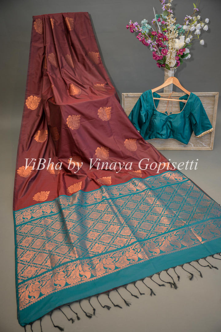 Brown and Dark Teal Copper Zari Kanchi Soft Silk Saree and Blouse