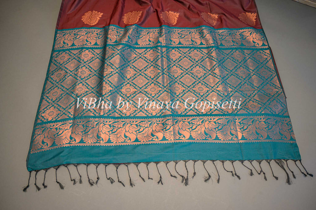 Brown and Dark Teal Copper Zari Kanchi Soft Silk Saree and Blouse