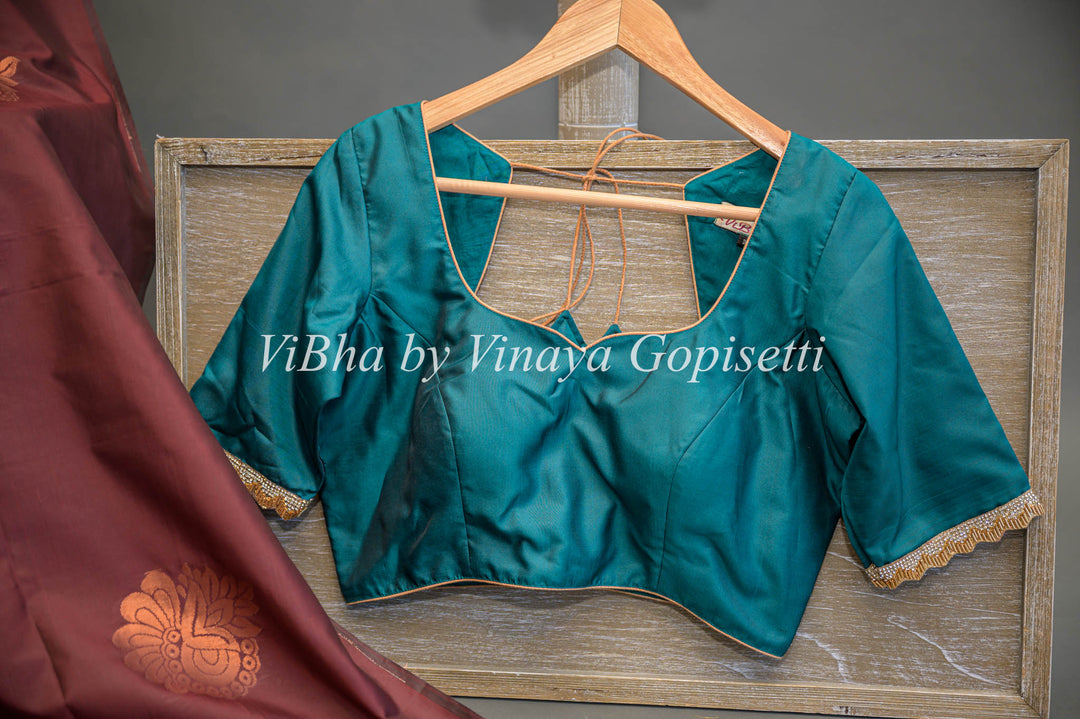 Brown and Dark Teal Copper Zari Kanchi Soft Silk Saree and Blouse