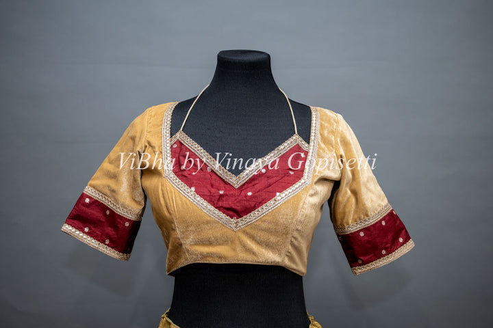 Gold And Maroon Embroidered Velvet Blouse