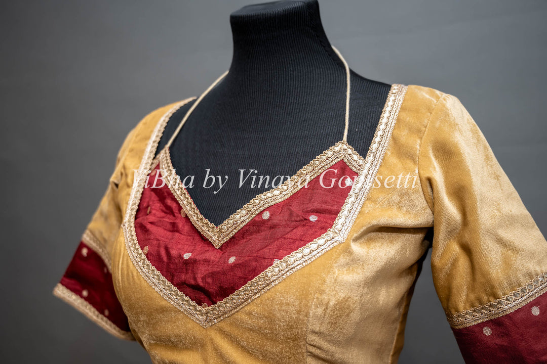 Gold And Maroon Embroidered Velvet Blouse