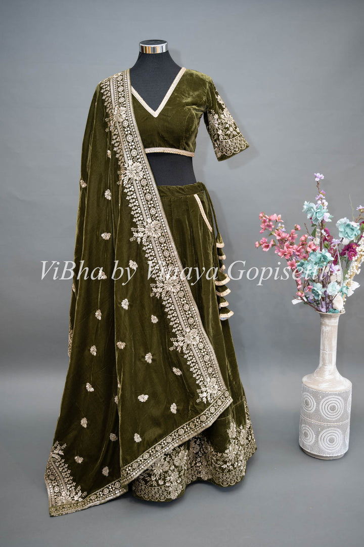 Dark Mehendi Green Embroidered Velvet Lehenga Set