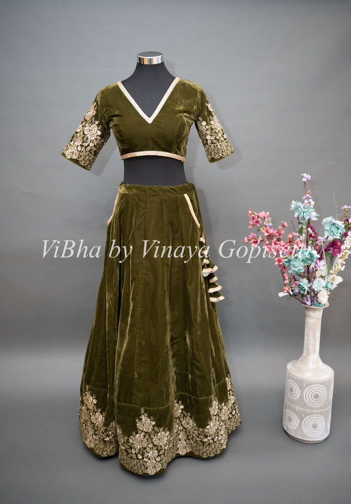 Dark Mehendi Green Embroidered Velvet Lehenga Set