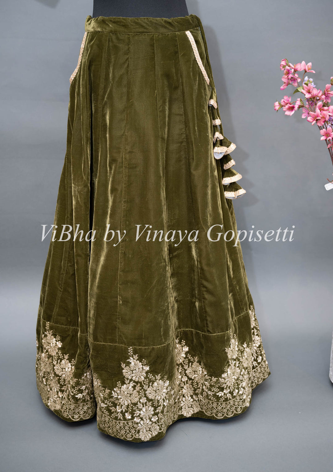 Dark Mehendi Green Embroidered Velvet Lehenga Set