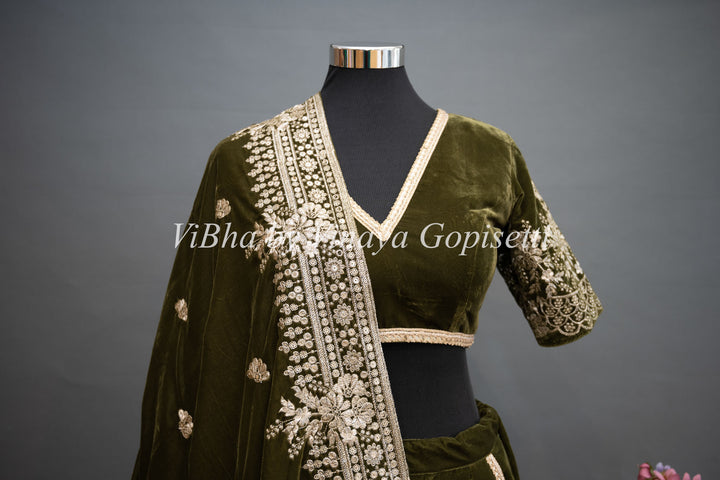 Dark Mehendi Green Embroidered Velvet Lehenga Set