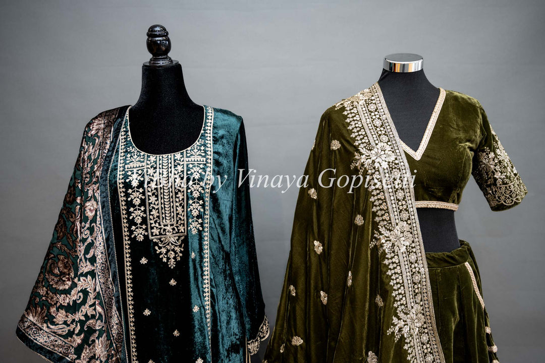 Dark Mehendi Green Embroidered Velvet Lehenga Set