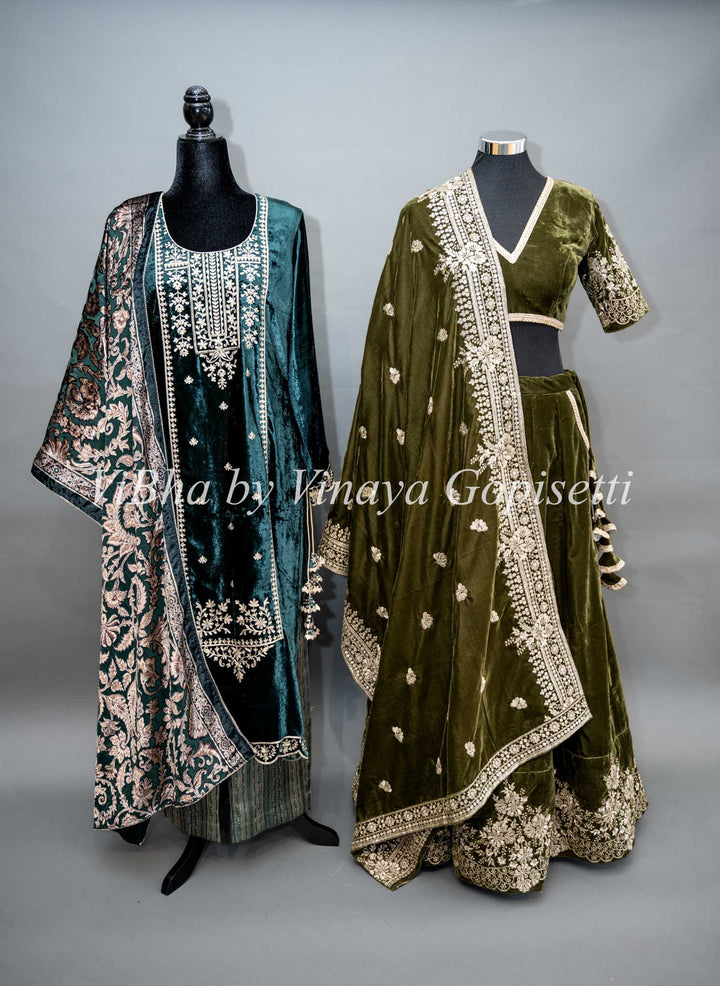 Dark Mehendi Green Embroidered Velvet Lehenga Set