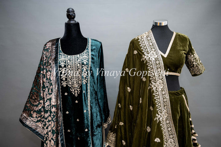 Dark Mehendi Green Embroidered Velvet Lehenga Set