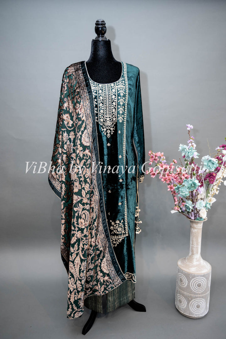 Dark Green Embroidered Velvet Salwar Suit Set