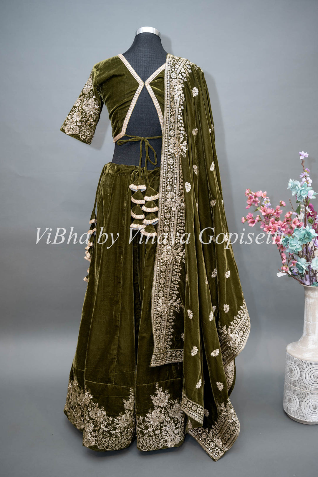 Dark Mehendi Green Embroidered Velvet Lehenga Set