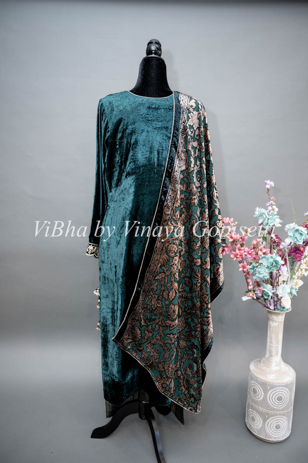 Dark Green Embroidered Velvet Salwar Suit Set