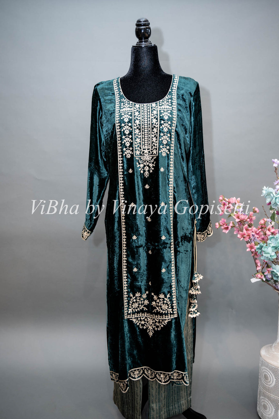 Dark Green Embroidered Velvet Salwar Suit Set