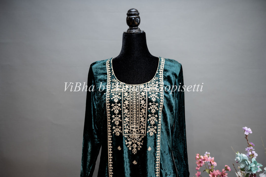 Dark Green Embroidered Velvet Salwar Suit Set