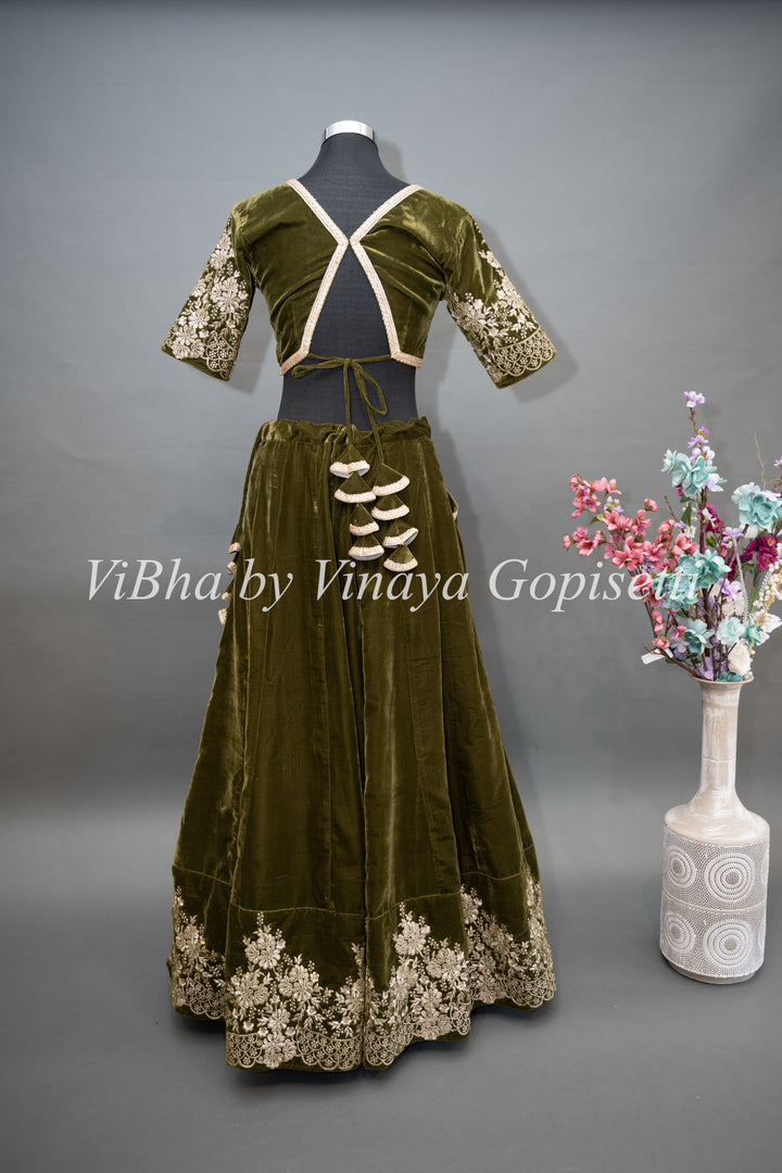 Dark Mehendi Green Embroidered Velvet Lehenga Set