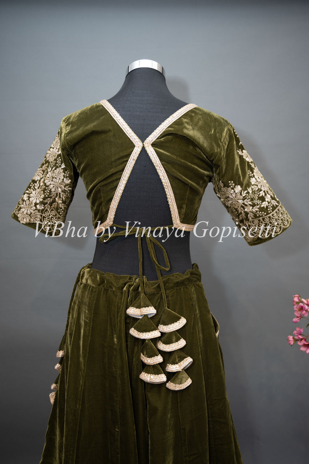 Dark Mehendi Green Embroidered Velvet Lehenga Set