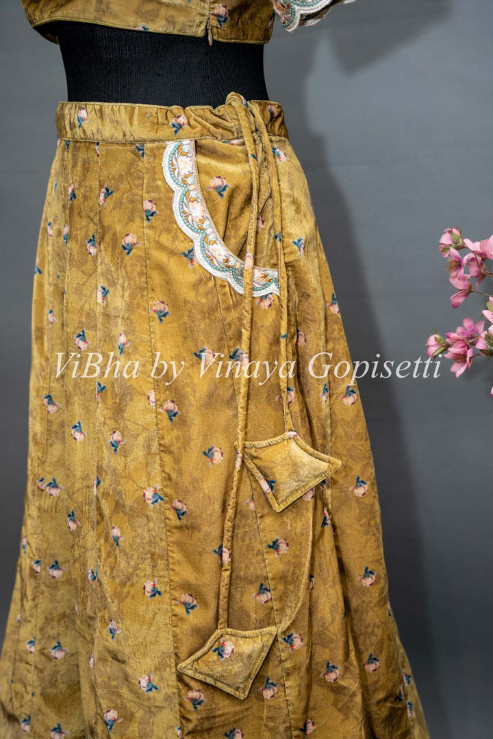 Yellowish Mehendi Green Embroidered Velvet Skirt Crop Top