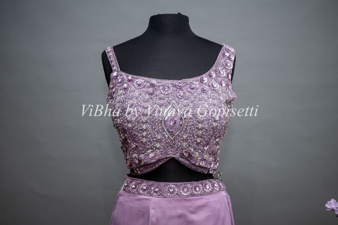 Mauve Draped Saree with Ruffles and Embroidered Blouse