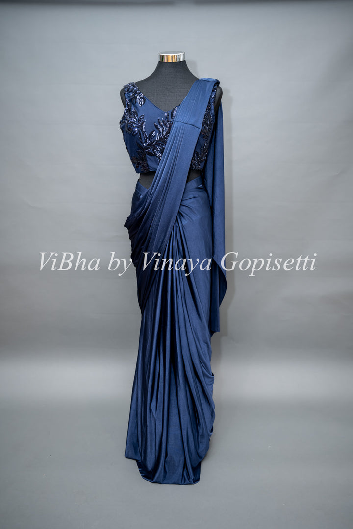 Navy Blue Draped Saree with Embroidered Jacket