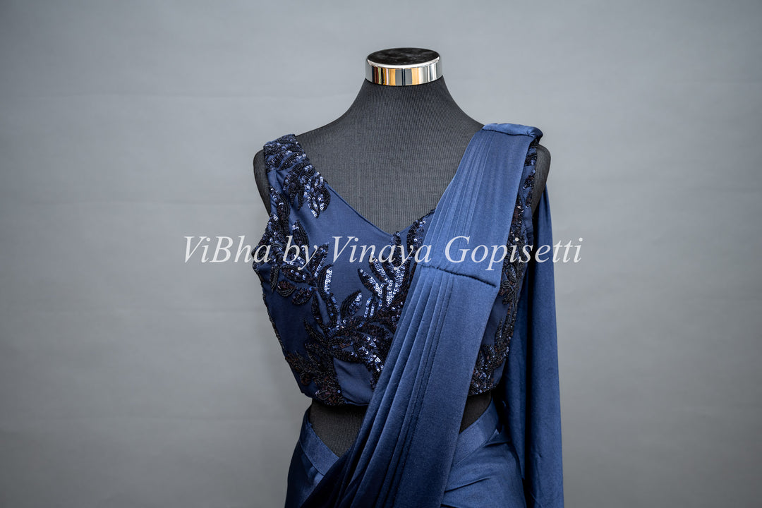 Navy Blue Draped Saree with Embroidered Jacket